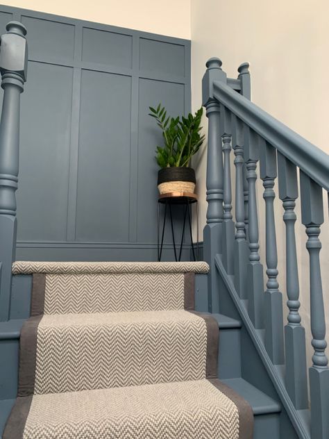 Coloured Banisters Stairways, Tall Wall Paneling Ideas, Blue Bannister, Green Bannister, Green Stair Panelling, Colourful Banister, Panelled Stairs, Coloured Staircase Banisters, Blue Stairs