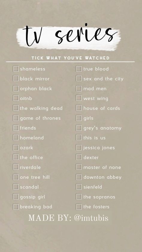 i am waiting for your answers♡ Tick what you've watched #tvchallenge #series #lovers Series Checklist, Movies To Watch List, Game Of Thrones Girl, Netflix List, Netflix Movie List, Netflix Shows To Watch, Netflix Hacks, Netflix Shows, Netflix Movies To Watch