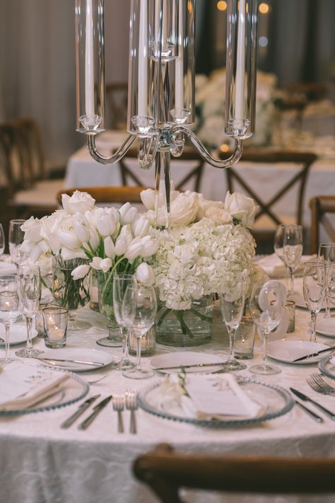 Silver Candelabra Centerpiece, Glass Candelabra Centerpiece, Tulip Wedding Centerpieces, Tulip Centerpieces Wedding, Candelabra With Flowers, Wedding Round Table, Garden Roses Wedding, Wedding Flowers Candles, Florist Inspiration