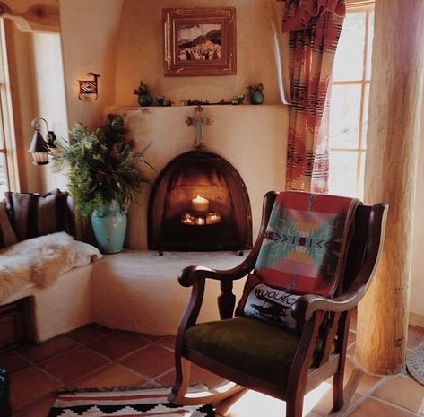 Santa Fe style Santa Fe Home Decor, Southwestern Homes, Santa Fe Decor, California Houses, Santa Fe Style Homes, Rustic Remodel, Stucco Fireplace, Kiva Fireplace, Restless Heart