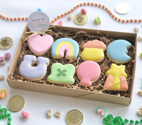 Lucky Charm Baby Shower Theme, Lucky Charms Baby Shower Theme, Lucky Charm Birthday Party, Lucky Charm Baby Shower Ideas, Lucky Charm Party, Lucky Charms Cookies, Easter Boxes, Cutout Cookie, St Patrick's Day Cookies