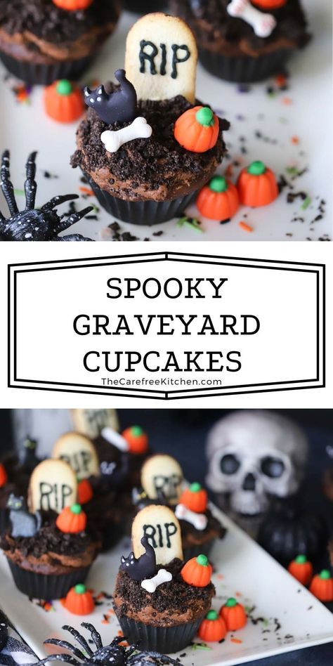 Both kids and adults will love these spooky Graveyard Cupcakes, topped with chocolate buttercream, a cookie gravestone, and Halloween candies. They’re a perfect Halloween party centerpiece that are as delicious as they are adorable. Gravestone Cookies, Grave Cupcakes, Halloween Activities For School, Graveyard Brownies, Graveyard Cupcakes, Cakes In Cups, Spooky Cupcakes, Halloween Party Recipes, Homemade Cupcake Recipes