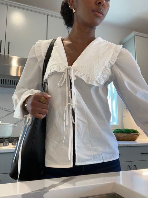 Ganni inspired frill collard open top Collard Top Outfit, Spring Blouses 2024, Copenhagen Blouse, Frill Collar Blouse, Frill Blouse Outfit, Ganni Collar Outfit, Ganni Inspired Outfits, Poplin Blouse Outfit, Puffy Blouse Outfit