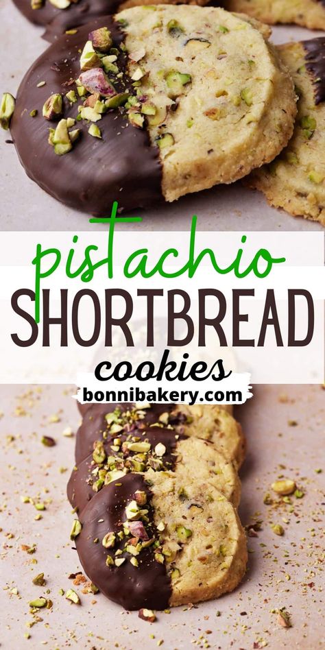 These pistachio shortbread cookies are buttery and crumbly shortbread packed with pistachio nuts and dipped in dark chocolate. They are a super easy cookie recipe with just 3 ingredients - plus the pistachios and chocolate. These slice-and-bake cookies make a great gift for the holidays, as christmas cookies, or just to enjoy as a delicious easy dessert. Scottish shortbread recipe with a fun twist. #shortbread #easycookies #cookierecipes #pistachiodesserts #baking #pistachiocookies #cookies Scottish Shortbread Recipe, Pistachio Shortbread Cookies, Pistachio Shortbread, Christmas Baking Gifts, Scottish Shortbread, Easy Cookie Recipe, Pistachio Recipes, Italian Christmas Cookies, Christmas Shortbread