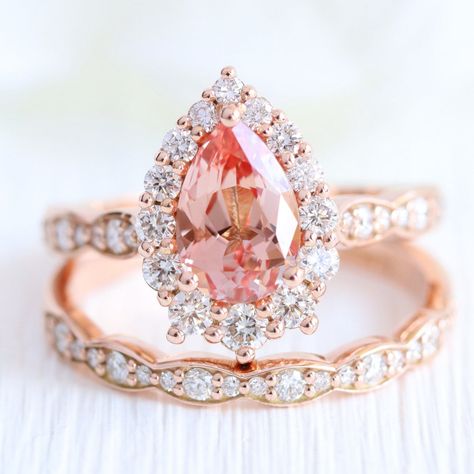 Peach Sapphire Engagement Ring Rose Gold, Stackable Sapphire Ring, Pear Ring Set, Pear Sapphire Ring, Halo Diamond Ring Set, Sapphire Bridal Set, Peach Sapphire Rings, Lavender Sapphire, Rose Gold Bridal Set