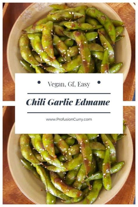 Make restaurant style Chili Garlic Edamame at home with this easy 10 minute recipe. Made with hint bold chili paste and sesame garlic sauce to coat steamed edamame. You will fall in love with this healthy , high protein vegetarian snack. #vegansnack #chiligarlicedamame #glutenfree #snack #appetizer Steamed Edamame, Appetizer Healthy, Edamame Recipes, Vegan Snack, Healthy Vegan Snacks, Chili Paste, Healthy Appetizers, Garlic Sauce, Edamame