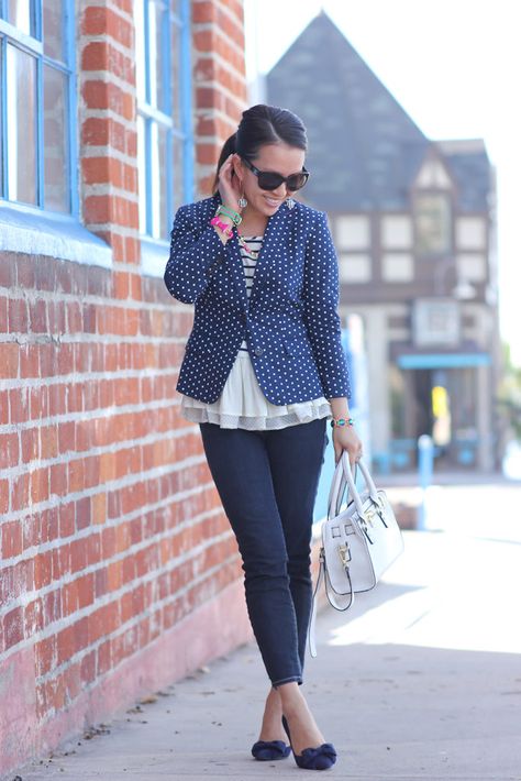 Banana Republic polka dot blazer, Maison Jules Ruffle hem top, Gap cropped jeans, Charming Charlie, Halogen navy bow suede pumps Polka Dot Blazer Outfit, Stylish Petite, Polka Dot Blazer, Retro Girl, Retro Girls, Top Banana, Blazer Outfit, Petite Style, Banana Republic Factory