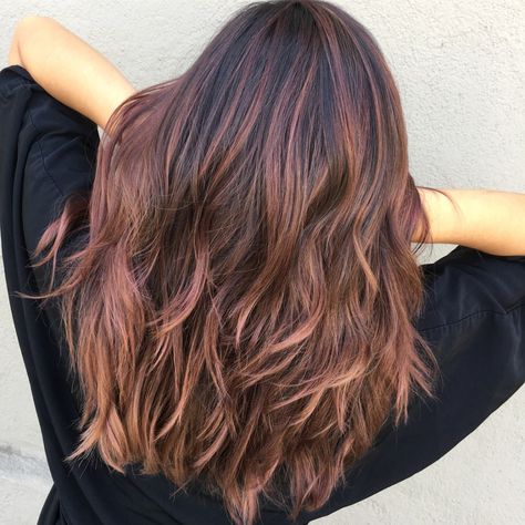 Dark Brown Hair With Rose Gold Balayage Subtle Rose Gold Balayage Brunette, Brown Hair With Pink Balayage, Dark Rose Gold Hair Brown, Rose Brown Highlights, Rose Brown Balayage, Rose Brown Hair, Balayage Hair Rose, Rose Gold Hair Brunette, Brilliant Brunette