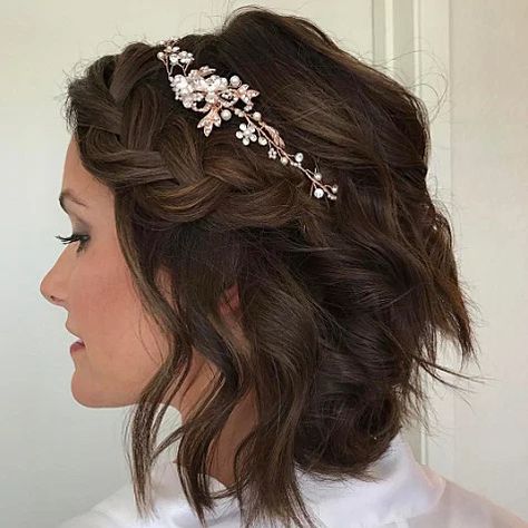 Slide 14: Short Hair Side Braid Romantic Braid, Wedding Hairstyle Ideas, Short Hair Bride, Bridal Braids, Beach Wedding Hair, Beautiful Beach Wedding, Short Braids, Short Wedding Hair, Bridal Hairstyles