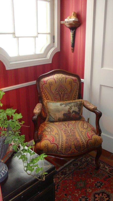 Scalamandre paisley chair Paisley Chair, Hamptons Living Room, Hand Painted Chairs, Floral Chair, Red Cottage, Grey Armchair, Painted Chairs, Velvet Armchair, Fabric Armchairs