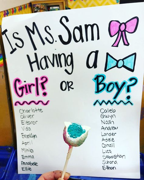 Classroom gender reveal! So fun!  #preschool #classroom #genderreveal #genderrevealparty #pregnancyannouncement #pregnancy #cakepop Gender Reveal Ideas For Teachers, Gender Reveal For Classroom, Gender Reveal Classroom, Gender Reveal Ideas For Classroom, Classroom Gender Reveal, Teacher Gender Reveal For Students, Work Gender Reveal Ideas, Gender Reveal For Students, Classroom Gender Reveal For Students