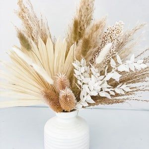 Banksia Pampas Grass Small Vase Arrangement | Etsy Bud Vases Arrangements, Pampas Grass Vase, Grass Backdrops, Lotion Stick, Flowers Centerpieces, Pampas Grass Decor, Grass Decor, Pink Vase, White Ceramic Vases