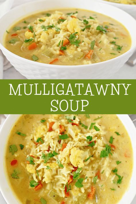 Mulligatawny Soup recipe! Packed with fresh veggies, fragrant rice, and aromatic Indian spices, this hearty dish is quick and easy to make. Serve with naan bread for a complete meal in just 30 minutes. Vegetarian and Vegan. Muligawtany Soup, Muligawtany Soup Recipe, Mulligatawny Soup Recipe, Mulligatawny Soup, Alpha Gal, Chicken Base, Cubed Potatoes, Naan Bread, Creamy Soup