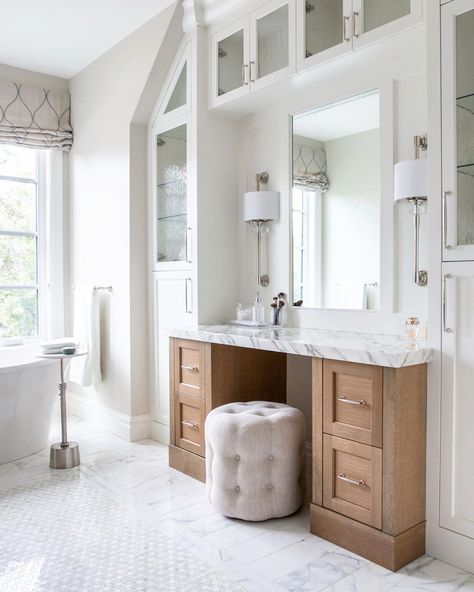 Bathroom And Closet Combo, Built In Vanity In Bathroom, Closet Bathroom Combo, Closet And Bathroom Combo, Closet With Vanity, Vanity In Bedroom, Vanity In Bathroom, Glamorous Bathroom Decor, Built In Vanity