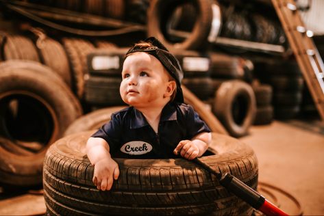 First Birthday Mechanic Theme, First Birthday Boy Photoshoot Ideas, Mechanic 1st Birthday, Mechanic Baby Photoshoot, First Photoshoot Ideas, Baby Mechanic Photoshoot, 1 Year Pictures Boy, Baby Boy 1st Birthday Photoshoot, 9 Months Baby Photoshoot Boy