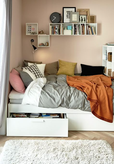 Turn sleeping space into storage space! Underbed storage is a great way to stay organized and maintain a calm bedroom you can't wait to come home to. Small Interiors, Corner Bed, Tiny Bedroom Design, Calming Bedroom, Ikea Bedroom, Small Bedroom Designs, Kids Bed, Ikea Storage, Small Room Design