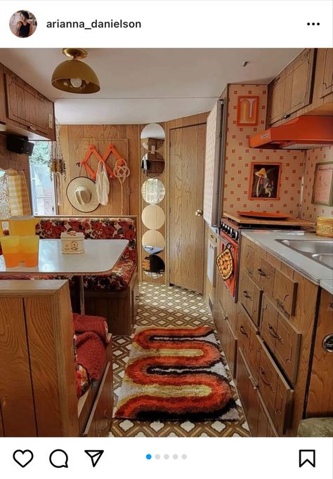 Cottage Core Rv, Cottage Core Camper, 70s Camper Interior, Hippie Camper Interior, Groovy Camper, 70s Camper, Arianna Danielson, 70s Rooms, 70s Cottage