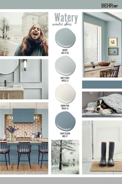 This Watery Winter Skies color palette is surprisingly warming. These colors remind us of the first touch of winter when tiny ice-crystals fall from the sky. The air is cold and crisp, and the fallen snow is just wet enough for making the perfect snowman.   These cool winter colors look beautiful in any room, … Quiet Time Behr Paint, Behr Snow Day, Shades Of Blue Accent Wall, Painted Chimney Interior, Behr Coastal Paint Colors Living Room, Behr Quiet Time, Light Drizzle Behr Paint, Warm Light Blue Paint Colors, Behr Light Drizzle