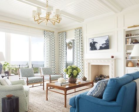 This breeze of a coastal, blue and white beauty is by Andrew Howard. I love the casual bead board on the coffered ceilings, the moulding and millwork details, the gold accents that bring a touch of polish, and the warm woods and textures. You can't go wrong with blue and white or that view! - Society Social Andrew Howard, Green Painted Walls, Best White Paint, Wall Colour, White Paint Colors, Transitional Living Rooms, Cool Chairs, Decor Living Room, Formal Living Rooms