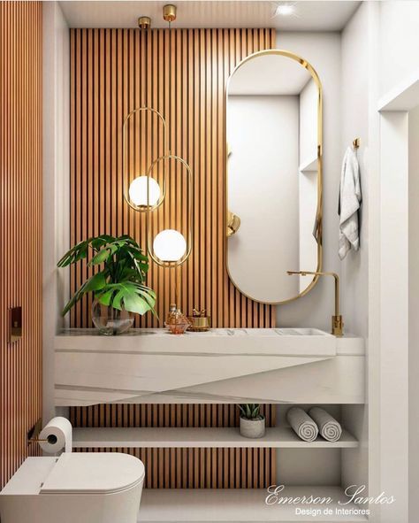 Wood Paneling Modern, Wc Interior Design, Natural Wood Vanity, Rustic Bathroom Decor Ideas, Bathroom Decor Wood, Rustic Bathroom Design, Modern Powder Rooms, Wood Wall Bathroom, Wooden Panelling