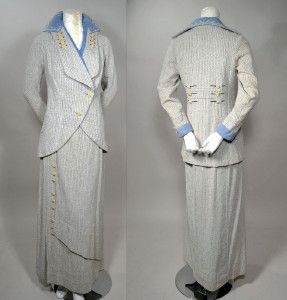 NUBBY PINSTRIPE 1910's VINTAGE WALKING SUIT - BLUE ARTS & CRAFTS DETAILING - STERN BROTHERS - SOLD AT RPVINTAGE.COM Ww1 Clothing, 1910 Dress, Striped Suit, 1910s Fashion, 1920 Fashion, Suit Blue, Full Length Skirts, Suit Women, Black Tweed