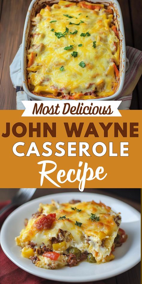 Make dinner special with this easy John Wayne casserole recipe. Layers of seasoned beef, a creamy cheese mixture, and buttery biscuit topping create a hearty, flavorful dish. This John Wayne casserole is perfect for busy weeknights or when you’re craving comfort food with a twist. Add this cheesy, savory casserole to your dinner rotation today! John Wayne Casserole Recipe, Taco Casserole With Tortillas, Savory Casserole, Food With A Twist, John Wayne Casserole, Cheese Stuffed Meatloaf, Meatloaf Casserole, Baked Spaghetti Casserole, Cowboy Casserole