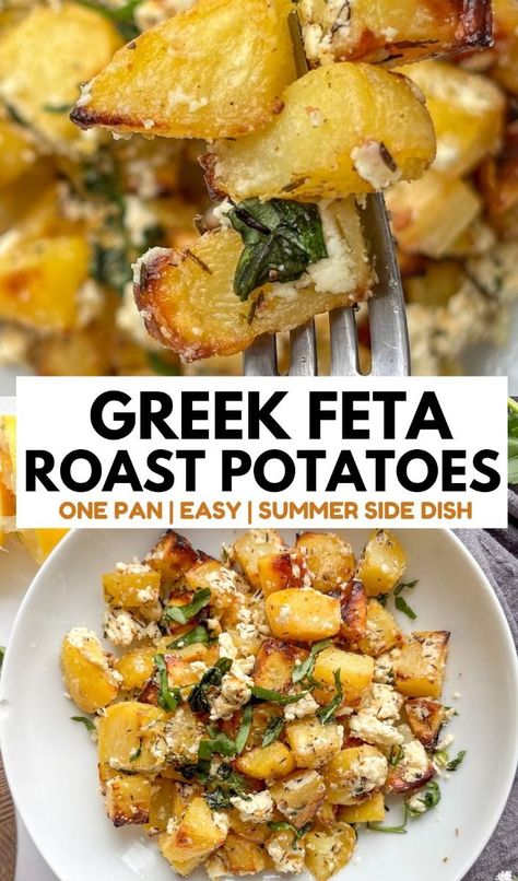 Greek Feta Roasted Potatoes, One Dish Rice Meals, Healthy Side With Burgers, Mediterranean Sides Recipes, Potato Feta Bake, Vegetarian Recipes Side Dishes, Branzino Side Dishes, Feta Baked Potato, Greek Feta Potatoes