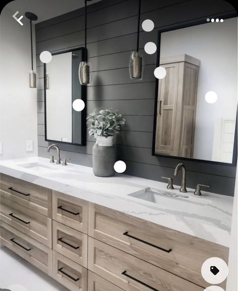 Master Shower Farmhouse, Showers With Black Fixtures, Farmhouse Master Bath Remodel, Jack And Jill Bathroom Ideas Layout Kids, Dark Tile Master Bath, Modern Farmhouse Bathroom Vanities, Bathroom Remodel 2024 Trends, Master Bathrooms 2024 Trends Modern, Grey And Wood Bathroom Ideas