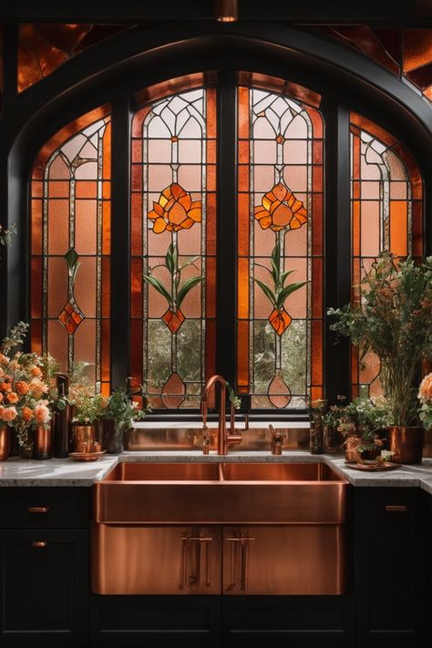 Enter a regal kitchen where copper takes center stage. The resplendent copper sink and fixtures glisten against dark cabinetry, evoking a sense of luxury. Majestic stained glass windows framed in copper arches, adorned with floral patterns, cast a dappled glow across the space. Lush flowers in copper pots bring a touch of nature's splendor. This kitchen is a harmonious blend of opulence, elegance, and craftsmanship, celebrating the exquisite beauty of copper in interior design. Copper Wall Art, Copper Wall, Dream House Interior, Stained Glass Window, Wall Decorations, House Goals, Pretty House, Dream House Decor, House Inspo