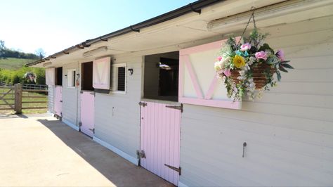 painted my stables pink grey and white 🤩 Stable Designs Layout, Cute Horse Stables, Tack Room Layout, Stables Conversion, Tack Shed Ideas, Mini Horse Barn, Simple Horse Barns, Horses Stables, Horse Stables Design