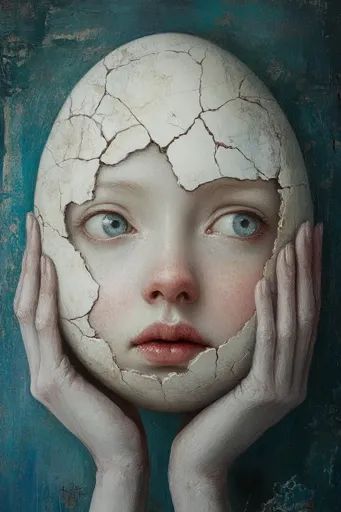 ↑↑↑ Larger size on website 🔸 The image depicts a young woman with a cracked egg-like face, suggesting fragility and vulnerability Surrealism Photography Creative, Surrealism Photography Portraits, Juxtaposition Art, Vulnerability Art, Absurdist Art, Cracked Face, Artistic Portrait Photography, Ethereal Nature, Artistic Portrait