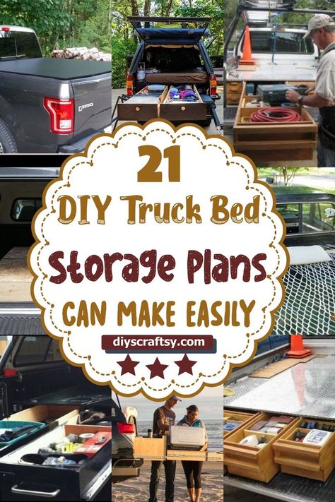 DIY Truck Bed Storage Plans Truck Bed Trailer Camper, Diy Truck Bed Organizer, Truck Bed Camping Setup, Decked Truck Bed Storage Ideas, Pickup Bed Storage Ideas, Truck Bed Organization Diy, Truck Bed Tool Organization, Truck Bed Storage Diy, Pickup Truck Bed Ideas