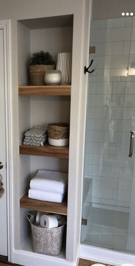 Floor To Ceiling Bathroom Shelves, Small Guest Bathroom With Shower Ideas, Small Bathroom With Linen Closet, Bathroom Shelf Built In, Bathroom Towel Closet, Bathroom With Closet, Shelf Makeover, Neutral Bathroom Decor, Bathroom Niche