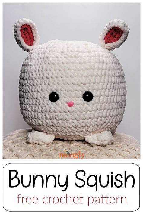 The Bunny Squish is a cute, cuddly, very squishy, and quick crochet pattern in Bernat Blanket - perfect for Easter or any bunny lover! Free pattern on Moogly! #freecrochetpattern #yarnspirations #mooglyblog #eastercrochet #bunnies #stuffedanimals #squish #amigurumi Bernat Blanket Amigurumi Patterns, Crochet Squash Mellow, Squishies Crochet, Bernat Blanket Amigurumi, Crochet Squishy Pattern Free, Squish Crochet Pattern, Crochet Squishies, Squish Crochet, Crochet Squish