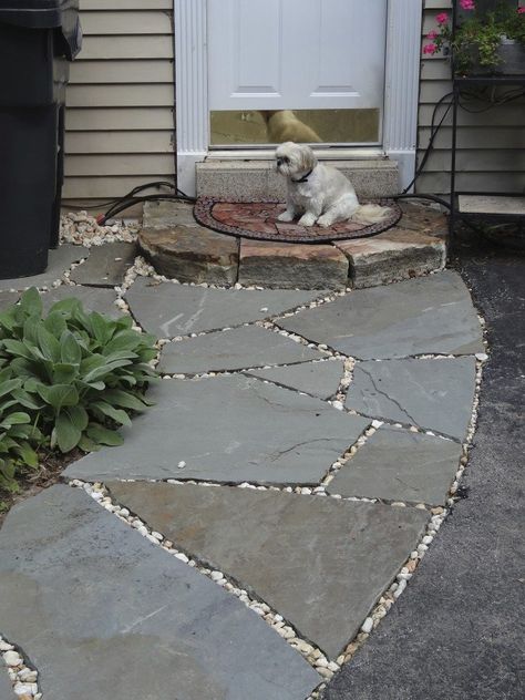 Pea Gravel just won’t stay between Flagstone                                                    …or will it? Hey everybody. This is the part of the show where stone artist Devin Devine answers mail!   Deni writes to ask:     I have a small flagstone courtyard that when put down over 8 years ago looked like your one picture that used […] Landscaping House, Flagstone Pathway, Pea Gravel Patio, Slate Patio, Pebble Garden, Concrete Patios, Courtyard Entry, Decorative Pebbles, Dream Patio