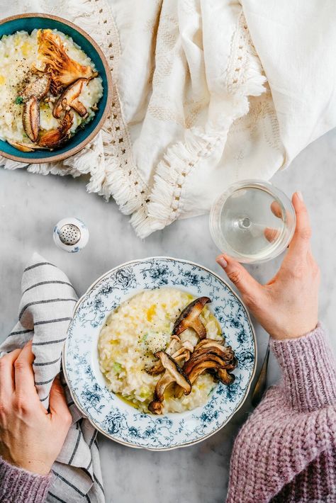 Food Plate Photography, Risotto Food Photography, Arabesque Kitchen, White Food Photography, Porcini Risotto, Plates Photography, Cheesy Risotto, Pitch Ideas, Shaved Brussel Sprouts