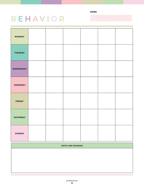 Behavior habit tracker with daily columns for recording behaviors and a section for notes and rewards. Behavior Logs For Teachers, Behavior Tracking Sheet Free Printable, Behavior Charts For The Home Printable, Behavior Sticker Chart, Printable Behavior Chart, Behavior Chart For Kids, Sticker Chart Printable, Free Printable Behavior Chart, Behavior Log