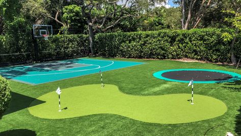 Backyard Playground Turf, Astro Turf Backyard Ideas, Putt Putt Backyard, Astro Turf Play Area, Small Backyard Sport Court, Big Kid Backyard Ideas, Backyard Turf Play Areas, Backyard Putt Green, Backyard Sports Ideas