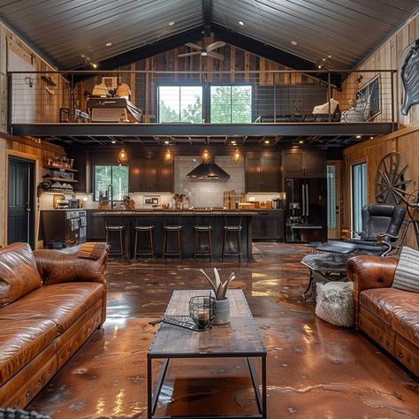 Love them both #barndominiumplans #barndoenvy #barndominiumenvy #barndominiumexperts #barndominiumfloorplans #canada #barndominium #barndoenvy #bandoandco Dream Barndominium Ideas, Barndominium Ideas Cottage, Barndo House Interior, Rustic Shop House Interiors, Shopdominium Interior, Barndominium Kitchen And Living Room, Barndo On A Budget, Rustic Barndominium Floor Plans, Party Barndominium