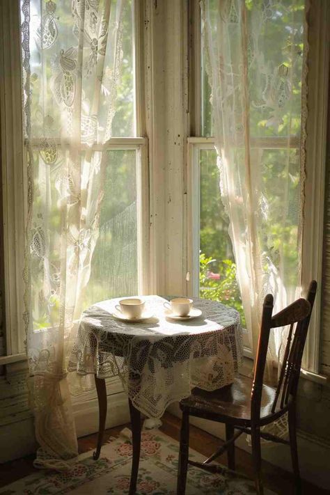 Nook Design Ideas, Grandmacore Aesthetic, Nook Design, Pretty Home Decor, Vintage Lace Curtains, Floral Armchair, Pretty Home, Rustic Farmhouse Table, Vintage Cookware