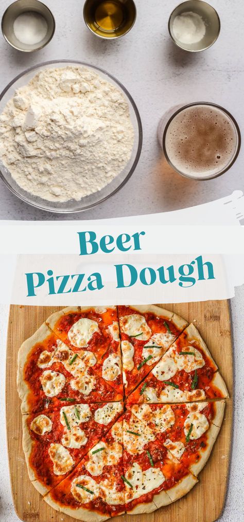 Homemade pizza dough is delicious, but what if you don’t have any yeast? This beer pizza dough is the answer! The yeast from the beer gives this dough a chewy texture with a crispy crust. Since the alcohol cooks off in the oven, this recipe is family-friendly! Beer Pizza Crust, Beer Pizza Dough Recipe, Flatbread Pizza Dough, Beer Pizza Dough, Yogurt Pizza Dough, Bread Bowl Recipe, Pizza Oven Recipes, Bread Head, Making Homemade Pizza