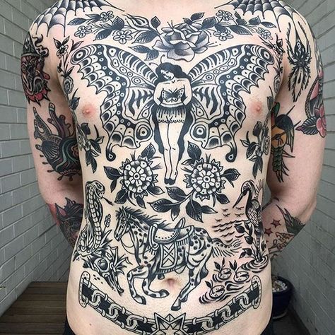 Traditional Stomach Tattoos Women, Traditional Collar Bone Tattoo, Traditional Stomach Tattoo, Collar Bone Tattoo For Men, Clavicle Tattoo, Backpiece Tattoo, Stomach Tattoos Women, Stomach Tattoo, Neotraditional Tattoo