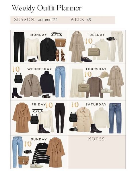 Weekly Outfit Planner Fall, Outfits Of The Week Winter, Work Week Outfits, Week Of Work Outfits, Minimalism Closet, Weekly Outfit Planner, Simple Office Outfit, Canada Outfits, A Week Of Outfits