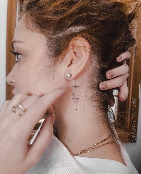 Star Tattoos Behind Ear, Back Ear Tattoo, Nape Tattoo, Sparkle Tattoo, Small Neck Tattoos, Small Moon Tattoos, Behind Ear Tattoos, Side Neck Tattoo, Celestial Tattoo