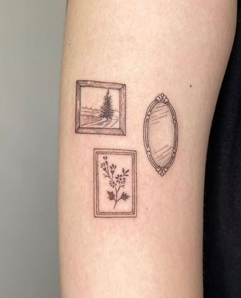 Fine Line Inspired Tattoo, Earthy Fine Line Tattoo, Illustrative Patchwork Tattoo, Object Tattoo Ideas, Small Picture Tattoos, Rectangle Frame Tattoo, Film Photography Tattoo, Heart Stamp Tattoo, View Between Villages Tattoo