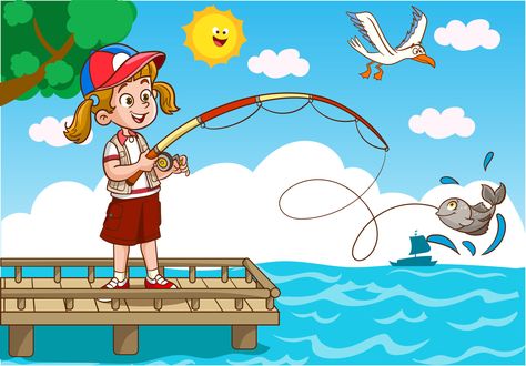 kids fishing in the sea cartoon vector 21725850 Vector Art at Vecteezy Fishing Cartoon, Sea Cartoon, Kids Fishing, Free Graphics, Sea Fish, Free Kids, The Kids, The Sea, Vector Art