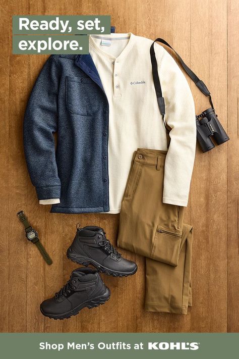 It’s time to hit the trails! Get set to explore this fall with head-to-toe looks from Kohl’s. Whether you’re an expert hiker or just beginning your outdoor adventures, gear up just in time for the season. Shop hiking boots, jackets, cargo pants, flannel outfits and more men’s casual fashion at Kohl’s and Kohls.com. Affordable Men's Outdoor Utility Jacket, Rugged Winter Shacket For Outdoor, Rugged Outerwear For Hunting, Moda 70s, Rugged Cotton Outerwear For Hunting, Mens Outdoor Style, Boyfriend Fits, Rustic Clothing, Mens Sherpa Hoodie