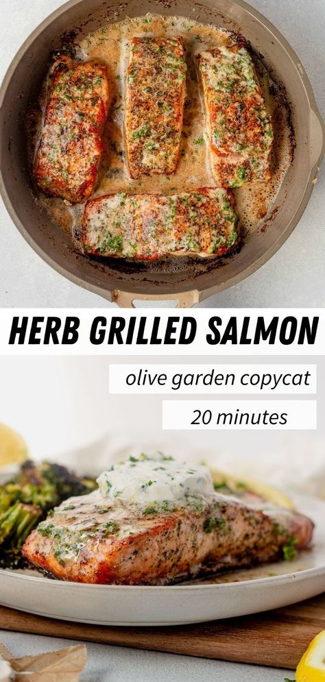 Learn how to make an Olive Garden favorite, herb grilled salmon, at home. Fresh garlic herb butter adds so much rich flavor to the tender, flaky salmon. This copycat Olive Garden herb grilled salmon will blow your socks off with flavor. The fish is coated in Italian seasonings and topped with a lemon and garlic herb butter Herb Butter For Salmon, Salmon Italian Style, Olive Garden Salmon Recipe, Olive Garden Salmon, Italian Herb Salmon, Italian Salmon Recipes, Salmon On Stove Top, Herb Butter Salmon, Salmon Italian