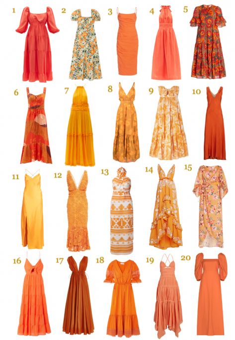 Floral Dress Stitching Ideas, Orange Frocks For Women, Orange Patterned Dress, Orange Dress Styling, Orange Dress Outfit Casual, Orange Dress Outfit Summer, Orange Gown Dress, Orange Aesthetic Outfits, Orange Dress Outfit Wedding