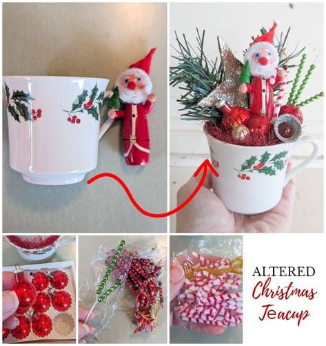 Teacup Christmas Decorations, Christmas Teacup Crafts, Tea Cup Christmas Crafts, Teacup Christmas Crafts, Christmas Tea Cup Crafts, Teacup Projects, Christmas Tea Cups, Teacup Ornaments, Tea Cup Projects